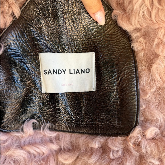 Sandy Liang Black Faux Leather Jacket with Pink Shearling Trim - Picture 2 of 3